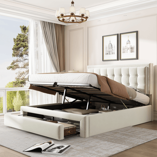 Cama contentora estofada em veludo 140x190cm - com gaveta e estrado de molas - Bege (sem colchão) Cama contentora estofada em veludo 140x190cm - com gaveta e estrado de molas - Bege (sem colchão)
