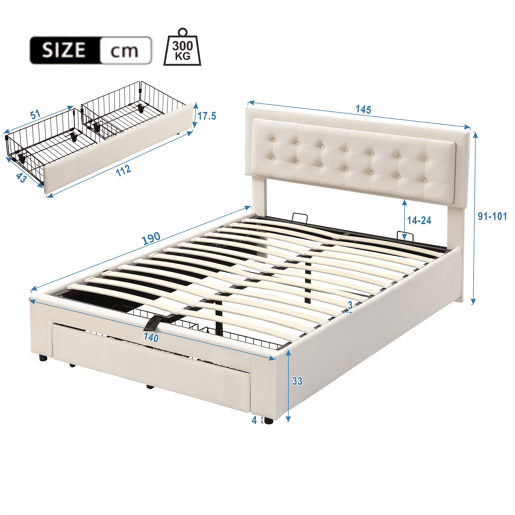 Cama contentora estofada em veludo 140x190cm - com gaveta e estrado de molas - Bege (sem colchão) Cama contentora estofada em veludo 140x190cm - com gaveta e estrado de molas - Bege (sem colchão)