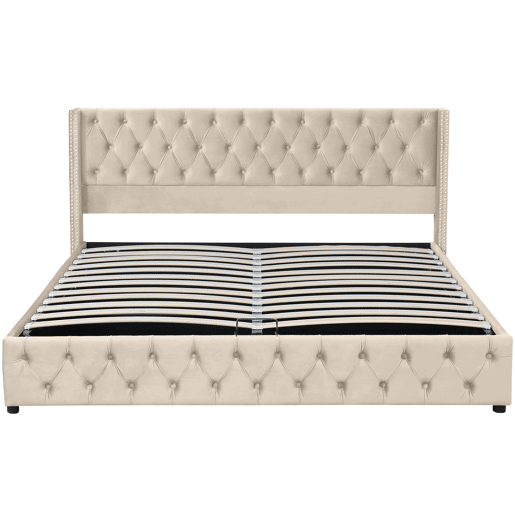 Cama contentora de veludo com estrado de ripas 180x200 cm - Bege Cama contentora de veludo com estrado de ripas 180x200 cm - Bege