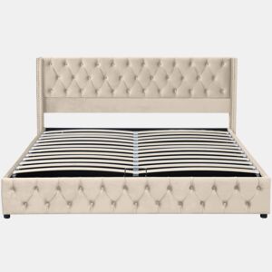 Cama contentora de veludo com estrado de ripas 180x200 cm - Bege