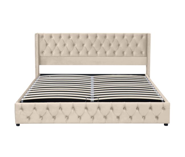 Cama contenedor de terciopelo con somier de láminas 180x200 cm - beige