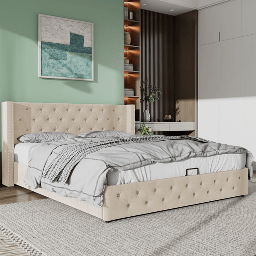 Cama contentora de veludo com estrado de ripas 180x200 cm - Bege Cama contentora de veludo com estrado de ripas 180x200 cm - Bege