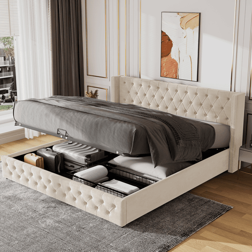 Cama contentora de veludo com estrado de ripas 180x200 cm - Bege Cama contentora de veludo com estrado de ripas 180x200 cm - Bege