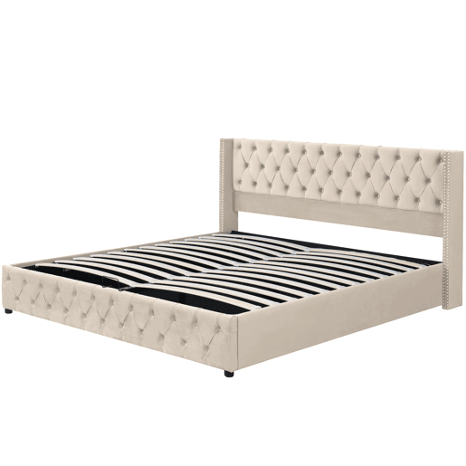 Cama contentora de veludo com estrado de ripas 180x200 cm - Bege Cama contentora de veludo com estrado de ripas 180x200 cm - Bege