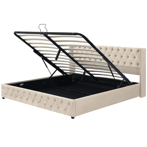 Cama contentora de veludo com estrado de ripas 180x200 cm - Bege Cama contentora de veludo com estrado de ripas 180x200 cm - Bege