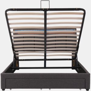 Cama de arrumação estofada em linho 140x200 cm com gavetas - móvel de arrumação com LED - estrado de ripas - Cinzento