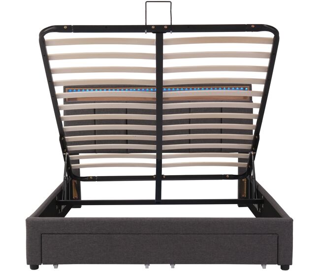 Cama contenedor tapizada 140x200 cm en lino con cajones - contenedor con led - somier de láminas - gris