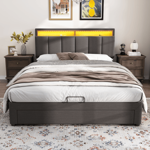 Cama de arrumação estofada em linho 140x200 cm com gavetas - móvel de arrumação com LED - estrado de ripas - Cinzento Cama de arrumação estofada em linho 140x200 cm com gavetas - móvel de arrumação com LED - estrado de ripas - Cinzento