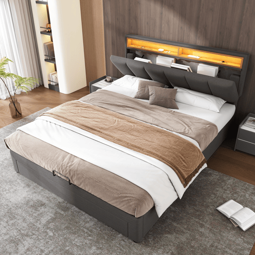 Cama de arrumação estofada em linho 140x200 cm com gavetas - móvel de arrumação com LED - estrado de ripas - Cinzento Cama de arrumação estofada em linho 140x200 cm com gavetas - móvel de arrumação com LED - estrado de ripas - Cinzento
