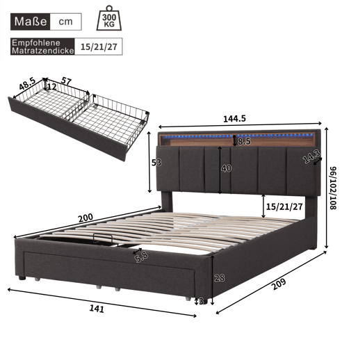 Cama de arrumação estofada em linho 140x200 cm com gavetas - móvel de arrumação com LED - estrado de ripas - Cinzento Cama de arrumação estofada em linho 140x200 cm com gavetas - móvel de arrumação com LED - estrado de ripas - Cinzento