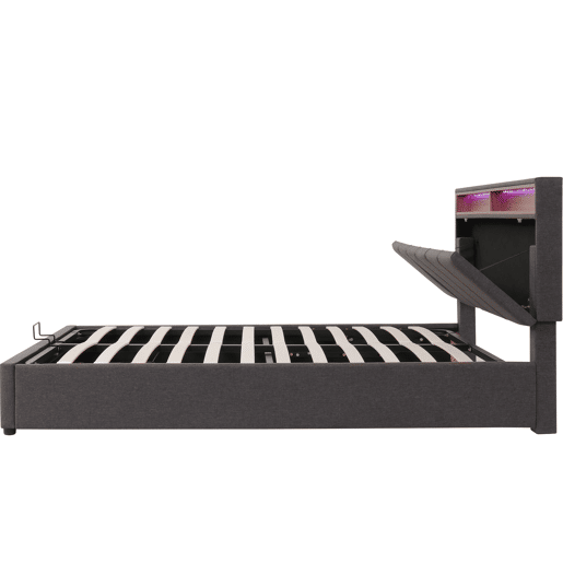 Cama de arrumação estofada em linho 140x200 cm com gavetas - móvel de arrumação com LED - estrado de ripas - Cinzento Cama de arrumação estofada em linho 140x200 cm com gavetas - móvel de arrumação com LED - estrado de ripas - Cinzento