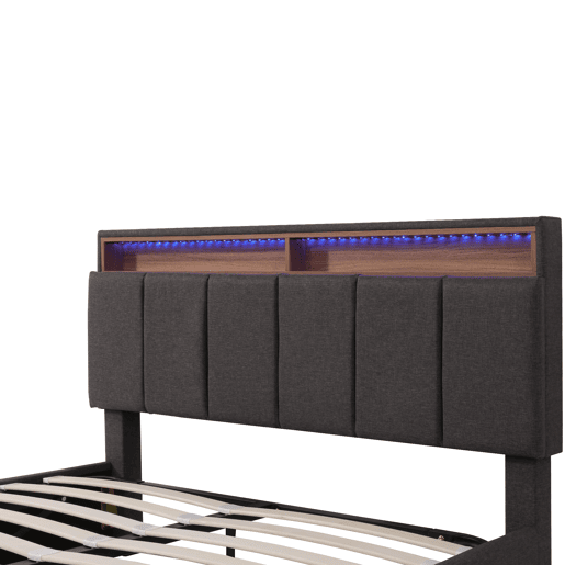 Cama de arrumação estofada em linho 140x200 cm com gavetas - móvel de arrumação com LED - estrado de ripas - Cinzento Cama de arrumação estofada em linho 140x200 cm com gavetas - móvel de arrumação com LED - estrado de ripas - Cinzento
