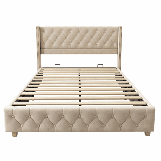 Cama de adulto estofada em veludo - 160x200 cm - com estrado de molas - Bege Cama de adulto estofada em veludo - 160x200 cm - com estrado de molas - Bege