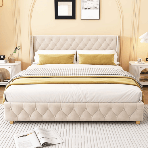 Cama de adulto estofada em veludo - 160x200 cm - com estrado de molas - Bege Cama de adulto estofada em veludo - 160x200 cm - com estrado de molas - Bege