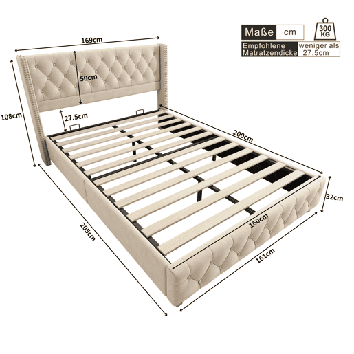 Cama de adulto estofada em veludo - 160x200 cm - com estrado de molas - Bege Cama de adulto estofada em veludo - 160x200 cm - com estrado de molas - Bege