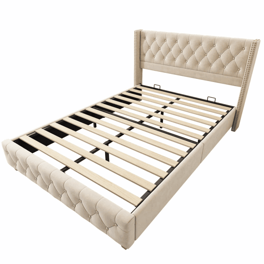 Cama de adulto estofada em veludo - 160x200 cm - com estrado de molas - Bege Cama de adulto estofada em veludo - 160x200 cm - com estrado de molas - Bege