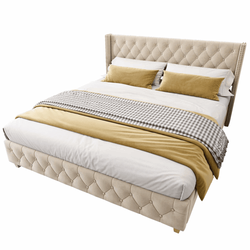 Cama de adulto estofada em veludo - 160x200 cm - com estrado de molas - Bege Cama de adulto estofada em veludo - 160x200 cm - com estrado de molas - Bege