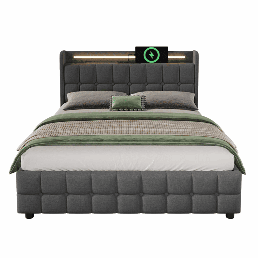 Cama estofada 140x200cm em linho - com LED e portas de carregamento USB - 2 gavetas - Cinzento Cama estofada 140x200cm em linho - com LED e portas de carregamento USB - 2 gavetas - Cinzento