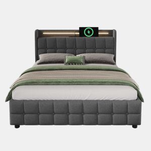 Cama estofada 140x200cm em linho - com LED e portas de carregamento USB - 2 gavetas - Cinzento