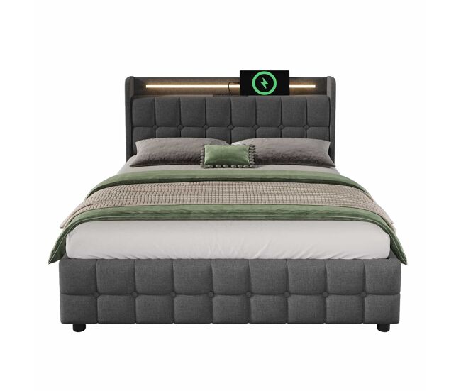 Cama tapizada 140x200cm en lino - con led y puertos de carga usb - 2 cajones - gris