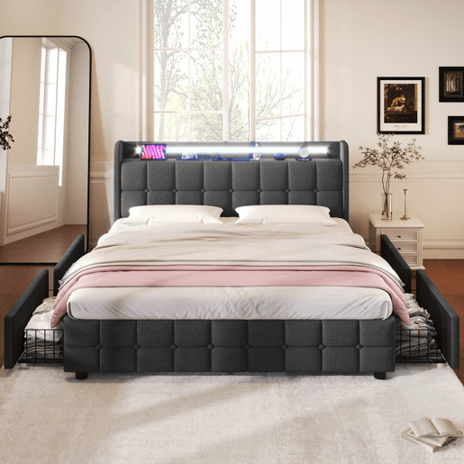 Cama estofada 140x200cm em linho - com LED e portas de carregamento USB - 2 gavetas - Cinzento Cama estofada 140x200cm em linho - com LED e portas de carregamento USB - 2 gavetas - Cinzento