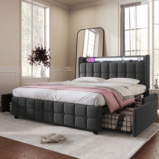Cama estofada 140x200cm em linho - com LED e portas de carregamento USB - 2 gavetas - Cinzento Cama estofada 140x200cm em linho - com LED e portas de carregamento USB - 2 gavetas - Cinzento