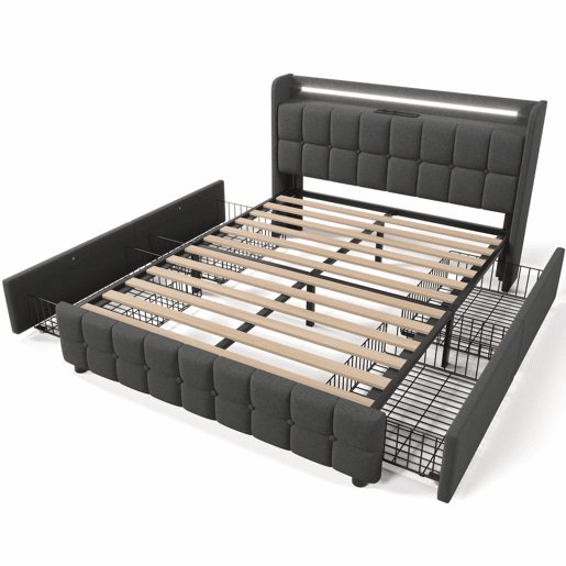 Cama estofada 140x200cm em linho - com LED e portas de carregamento USB - 2 gavetas - Cinzento Cama estofada 140x200cm em linho - com LED e portas de carregamento USB - 2 gavetas - Cinzento