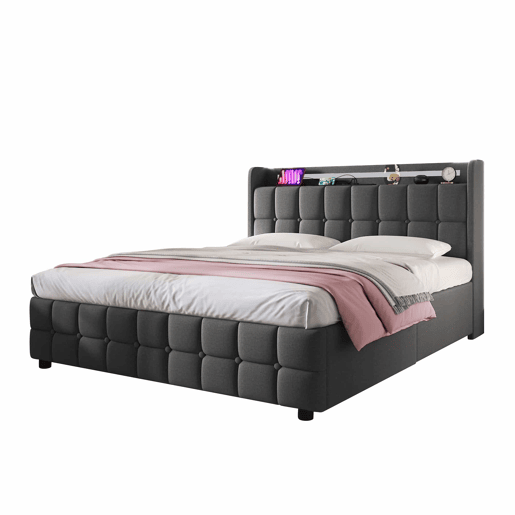 Cama estofada 140x200cm em linho - com LED e portas de carregamento USB - 2 gavetas - Cinzento Cama estofada 140x200cm em linho - com LED e portas de carregamento USB - 2 gavetas - Cinzento