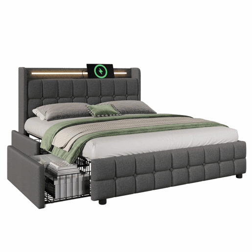 Cama estofada 140x200cm em linho - com LED e portas de carregamento USB - 2 gavetas - Cinzento Cama estofada 140x200cm em linho - com LED e portas de carregamento USB - 2 gavetas - Cinzento