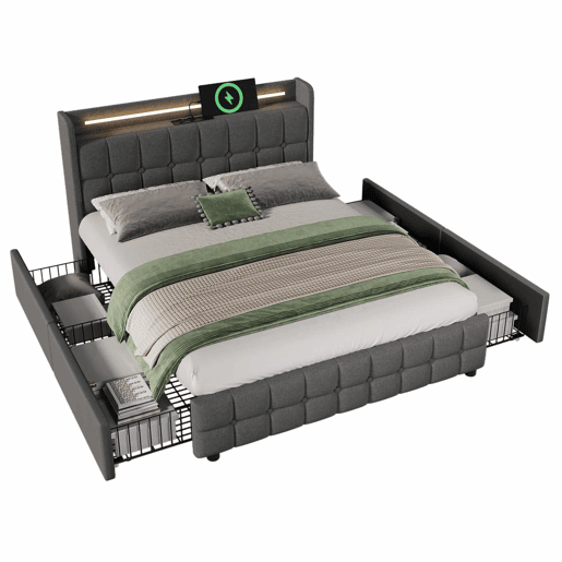 Cama estofada 140x200cm em linho - com LED e portas de carregamento USB - 2 gavetas - Cinzento Cama estofada 140x200cm em linho - com LED e portas de carregamento USB - 2 gavetas - Cinzento
