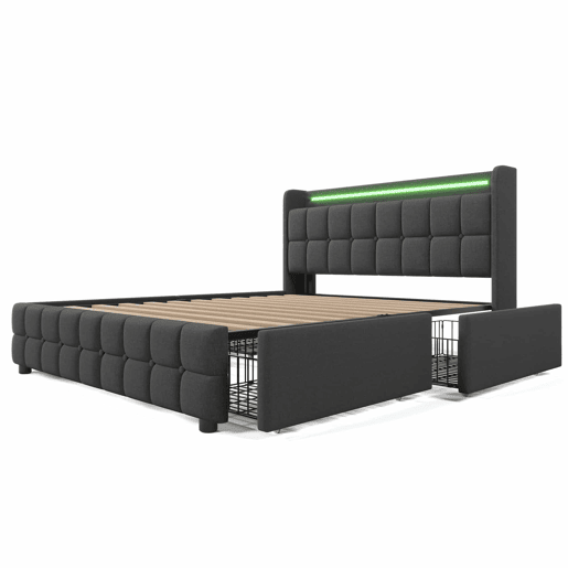 Cama estofada 140x200cm em linho - com LED e portas de carregamento USB - 2 gavetas - Cinzento Cama estofada 140x200cm em linho - com LED e portas de carregamento USB - 2 gavetas - Cinzento