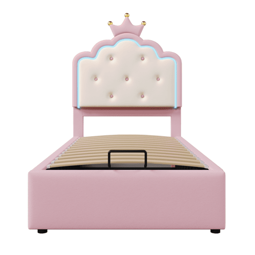 Cama contentora estofada 90x200 cm em imitação de pele - com LED e estrado - Rosa Cama contentora estofada 90x200 cm em imitação de pele - com LED e estrado - Rosa