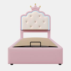 Cama contentora estofada 90x200 cm em imitação de pele - com LED e estrado - Rosa