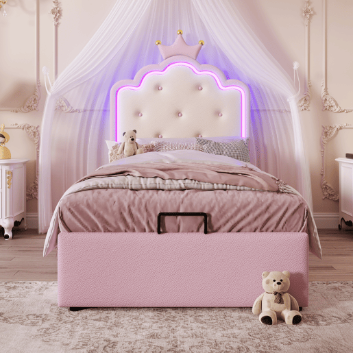 Cama contentora estofada 90x200 cm em imitação de pele - com LED e estrado - Rosa Cama contentora estofada 90x200 cm em imitação de pele - com LED e estrado - Rosa
