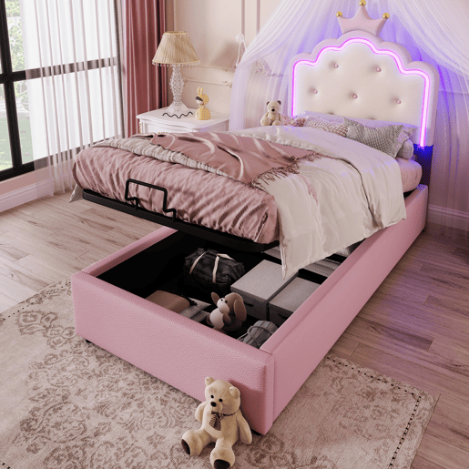 Cama contentora estofada 90x200 cm em imitação de pele - com LED e estrado - Rosa Cama contentora estofada 90x200 cm em imitação de pele - com LED e estrado - Rosa