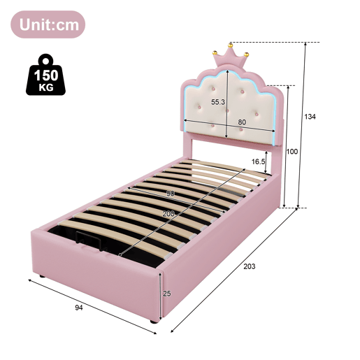 Cama contentora estofada 90x200 cm em imitação de pele - com LED e estrado - Rosa Cama contentora estofada 90x200 cm em imitação de pele - com LED e estrado - Rosa