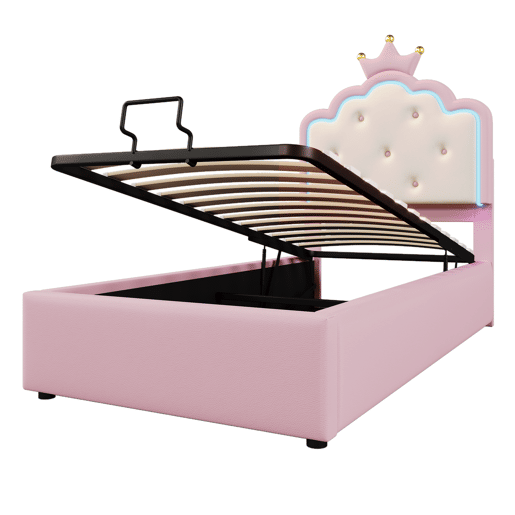 Cama contentora estofada 90x200 cm em imitação de pele - com LED e estrado - Rosa Cama contentora estofada 90x200 cm em imitação de pele - com LED e estrado - Rosa