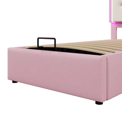 Cama contentora estofada 90x200 cm em imitação de pele - com LED e estrado - Rosa Cama contentora estofada 90x200 cm em imitação de pele - com LED e estrado - Rosa