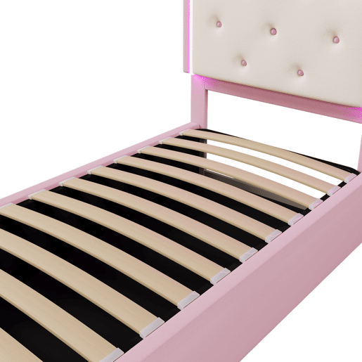 Cama contentora estofada 90x200 cm em imitação de pele - com LED e estrado - Rosa Cama contentora estofada 90x200 cm em imitação de pele - com LED e estrado - Rosa