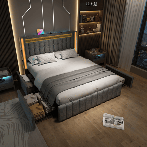 Cama de casal 140x200 cm em imitação de pele com LED - 4 gavetas - com portas de carregamento (com e sem fios) - Cinzento Cama de casal 140x200 cm em imitação de pele com LED - 4 gavetas - com portas de carregamento (com e sem fios) - Cinzento