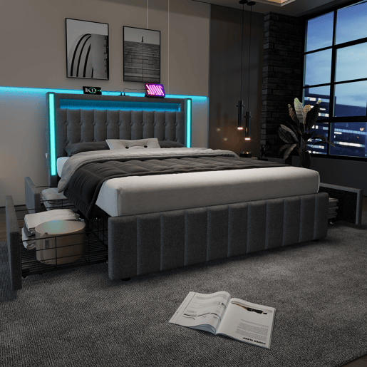 Cama de casal 140x200 cm em imitação de pele com LED - 4 gavetas - com portas de carregamento (com e sem fios) - Cinzento Cama de casal 140x200 cm em imitação de pele com LED - 4 gavetas - com portas de carregamento (com e sem fios) - Cinzento