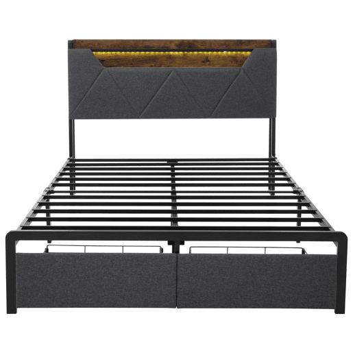 Cama com gaveta 140x200cm estofada em tecido de linho - com LED e portas de carregamento - Cinzento