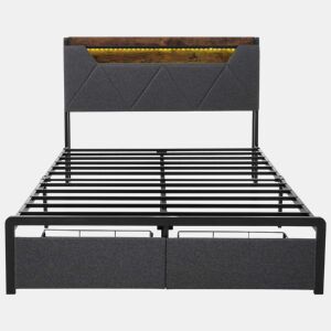 Cama com gaveta 140x200cm estofada em tecido de linho - com LED e portas de carregamento - Cinzento