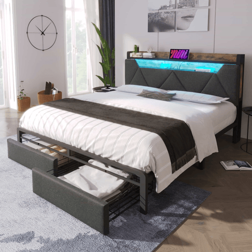 Cama com gaveta 140x200cm estofada em tecido de linho - com LED e portas de carregamento - Cinzento