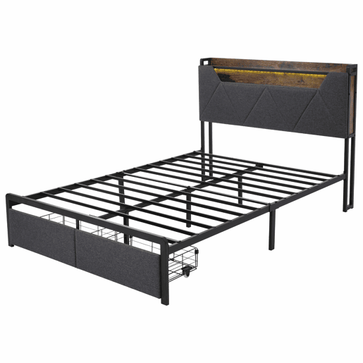 Cama com gaveta 140x200cm estofada em tecido de linho - com LED e portas de carregamento - Cinzento