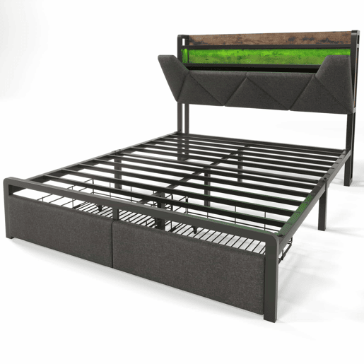 Cama com gaveta 140x200cm estofada em tecido de linho - com LED e portas de carregamento - Cinzento