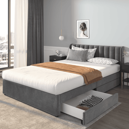 Cama 160x200cm com 2 gavetas - estofo em veludo - estilo moderno - Cinzento Cama 160x200cm com 2 gavetas - estofo em veludo - estilo moderno - Cinzento