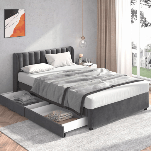 Cama 160x200cm com 2 gavetas - estofo em veludo - estilo moderno - Cinzento Cama 160x200cm com 2 gavetas - estofo em veludo - estilo moderno - Cinzento