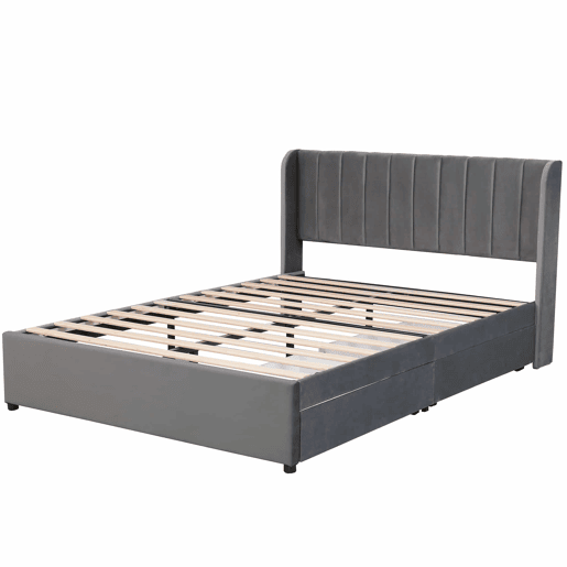 Cama 160x200cm com 2 gavetas - estofo em veludo - estilo moderno - Cinzento Cama 160x200cm com 2 gavetas - estofo em veludo - estilo moderno - Cinzento