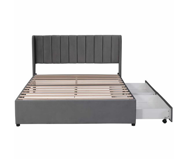 Cama 140x200cm con 2 cajones - tapizada en terciopelo - estilo moderno - gris